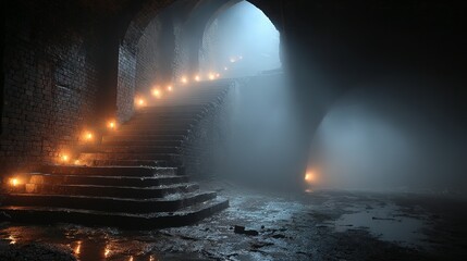 Ethereal Light Piercing Misty Underground Tunnel: Ancient Brick Staircase Lined with Warm, Reflective Glow.