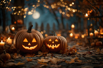 Fototapeta premium Jack-o'-lantern smiling, pumpkins sitting in the leaves, Halloween autumn fall night