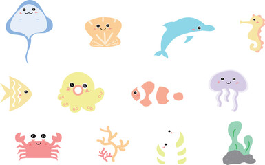 Cartoon marine life set, isolated design elements