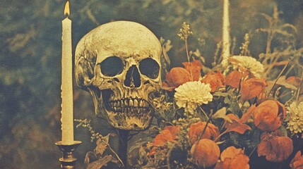 Floral arrangement with a skull and candle during a dimly lit setting