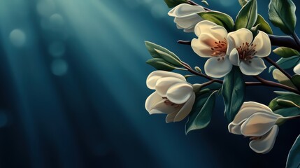 Blossoms of magnolia illuminated by soft sunlight in a tranquil atmosphere