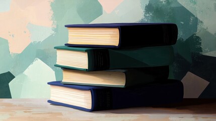 Stack of books resting on a wooden table with a colorful background