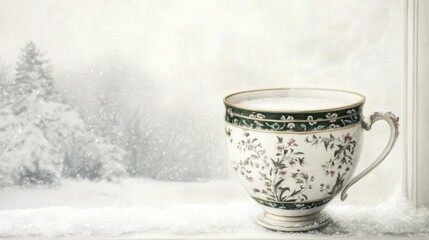 Winter morning with a decorative cup on a snowy windowsill