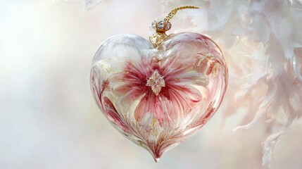 Heart-shaped glass ornament with floral design displayed in soft light