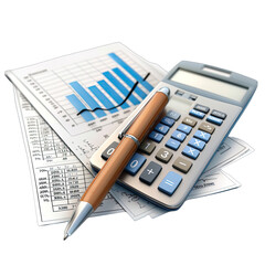 Financial documents, charts, calculator, and pen.  Stacked papers with a bar graph, numbers, and other financial data. A calculator and pen rest on top.  A 3D rendering of financial items
