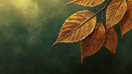Autumn leaves glowing in warm light against a gradual green background