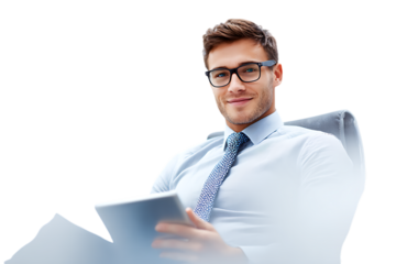 Smiling businessman working on tablet. Success, technology, and modern business concept.
