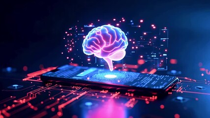 Futuristic smartphone displaying a glowing brain hologram, surrounded by digital circuitry and data streams - Powered by Adobe