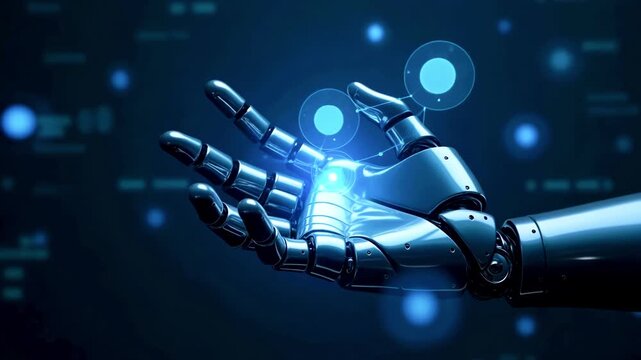 Futuristic robotic hand interacting with glowing digital elements in a tech-inspired environment