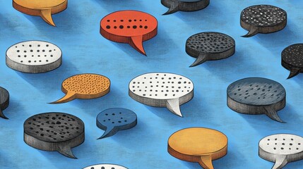 Colorful speech bubbles on a textured background create an abstract design