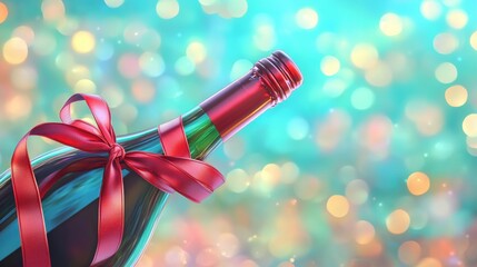 Champagne bottle with red ribbon and festive background for celebrations