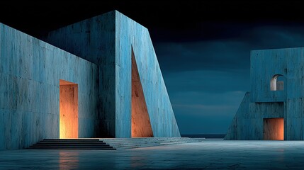 Architectural Abstraction: Geometric Forms Illuminated by Warm Light, Dramatic Atmosphere.