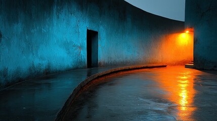 Vibrant Teal and Orange Light Illuminating a Curved Wet Architectural Passage