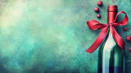 Gift-wrapped wine bottle with red ribbon and berries on textured background