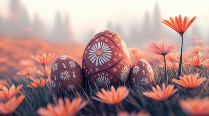 Colorful decorated eggs among blooming daisies in a spring landscape