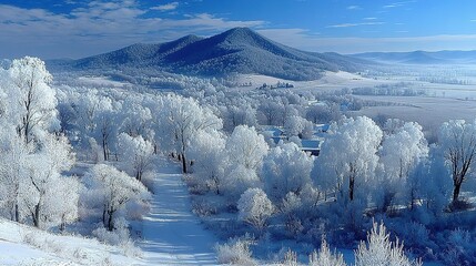 Brilliant Hoarfrost Coats a Sunlit Valley Below Blue Mountains