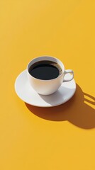 A white coffee cup, filled with dark coffee, sits on a white saucer against a bright yellow background.  Shadows are cast