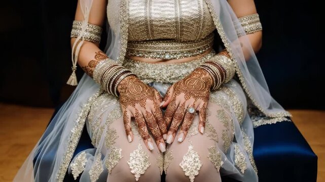 Bride's ornate henna hands adorned with bangles and a ring in Indian wedding attire
