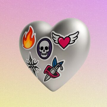 Stylish heart with edgy stickers animation isolated asset, transparent 4K video, alpha channel, ProRes 4444