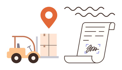 Forklift carrying boxes, signed document indicating delivery completion, and location marker. Ideal for transportation, shipping, logistics, supply chain, delivery, inventory management business