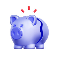 3D icon of a broken piggy bank For no personal savings, financial hardship, retirement fund empty, bankruptcy concept.