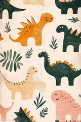 Cute dinosaur pattern on a cream background with various colors and textured leaves