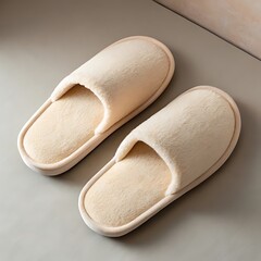 A pair of soft, beige, open-toed slippers on a neutral grey surface.