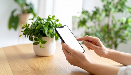 Close-up of a woman's hands operating a smartphone in a bright room