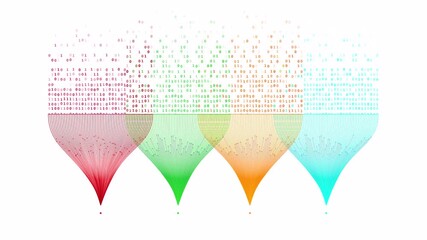 Data stream loop animation with colorful curved lines flowing into binary code on a white background, symbolizing AI, big data, data processing, and artificial intelligence systems. - Powered by Adobe