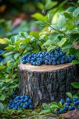 Fresh blueberries on a tree stump