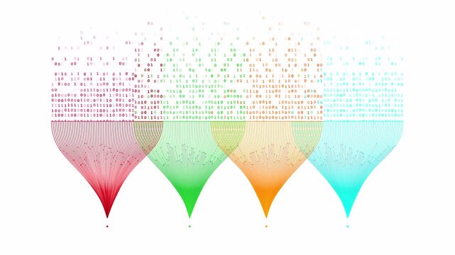 Data stream loop animation with colorful curved lines flowing into binary code on a white background, symbolizing AI, big data, data processing, and artificial intelligence systems.