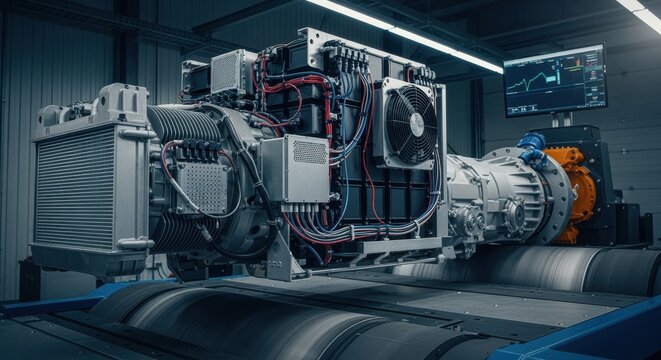 Testing environment for battery electric haul truck drivetrain showing heat management systems and sensor arrays in a dyno bay.