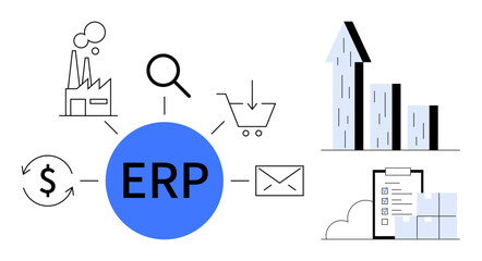 Circular ERP graphic connected to icons of a factory, shopping cart, email, dollar, growth chart, checklist, magnifying glass. Ideal for business software, operations productivity analytics