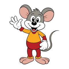 A cute cartoon mouse with big ears and bright eyes is happily waving its tiny paw, spreading cheerful vibes and friendliness in a fun, playful pose.
