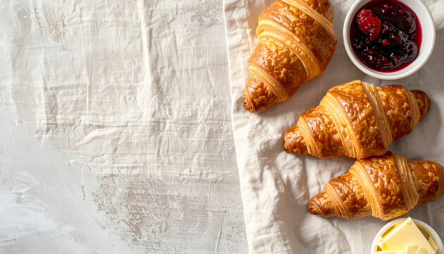 Golden croissants with berry jam and butter, perfect for a delicious breakfast or brunch spread - Powered by Adobe