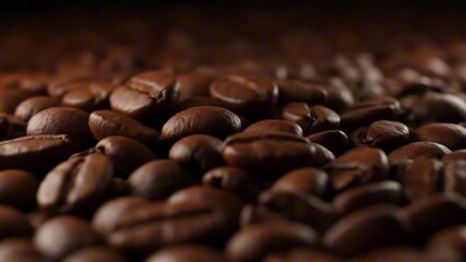Closeup of roasted coffee beans focused in the center depth of field blurs edges
