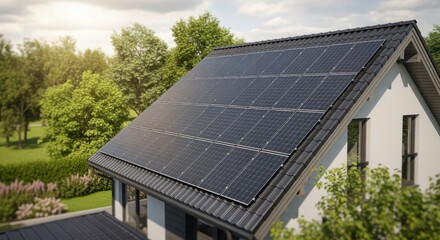 Fototapeta premium Ecofriendly solar modules installed on steep residential roof.