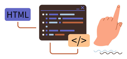 Programming window with lines of code, HTML tag, and hand gesturing. Ideal for programming, web development, coding tools, education, training, tutorials front-end development simple flat metaphor