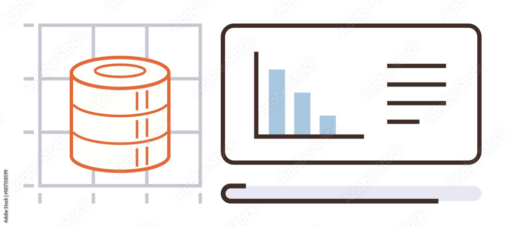 Poster stacked database and bar chart analytics displayed on a grid and screen. ideal for data management, 
