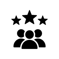 Solid black icon of a group of people with three stars above them symbolizing feedback