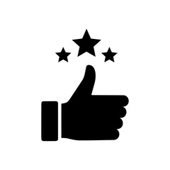 Solid black icon of a thumbs up with three stars above it symbolizing feedback