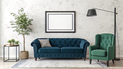 Modern Living Room with Framed Poster and Elegant Color Contrast