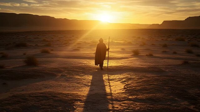 Person Walking Alone in Desert at Sunset with Hooded Cloak and Walking Stick