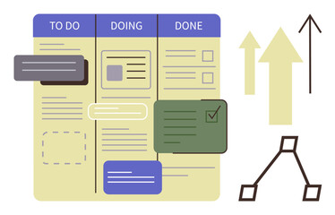 Kanban-style board divided into To Do, Doing, and Done sections with task cards, arrows symbolizing progress, and a workflow diagram. Ideal for productivity, workflow, goal setting, project © robu_s