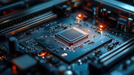 Obraz premium Printed Circuit Board with Advanced Processing Unit inside Component Installation Machine