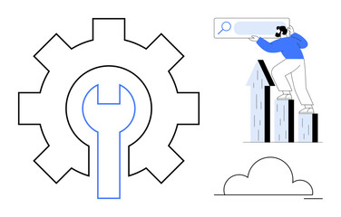 Gear symbol with wrench for optimization, person standing on rising bar graphs, cloud and search element. Ideal for technology, success, business growth, SEO, innovation, productivity simple flat