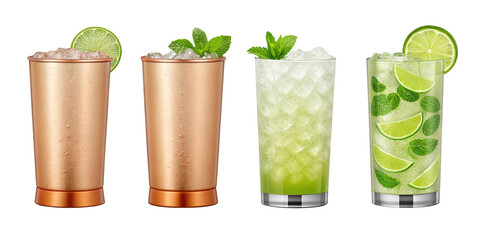 Set of Four Summer Cocktails on Transparent Background – Moscow Mule, Mint Julep, Mojito & Margarita
High-Quality Summer Drink Collection – Refreshing Cocktails with Lime and Mint on Isolated Backgrou