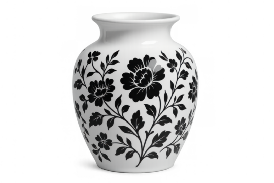 White ceramic vase featuring a black floral design, isolated on a transparent background, perfect for home decor or flower arrangements