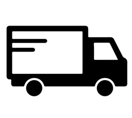 Black and white icon depicting a delivery truck in profile view, symbolizing transportation and shipping.