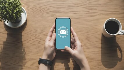 Person holding smartphone with email icon on wooden desk top view